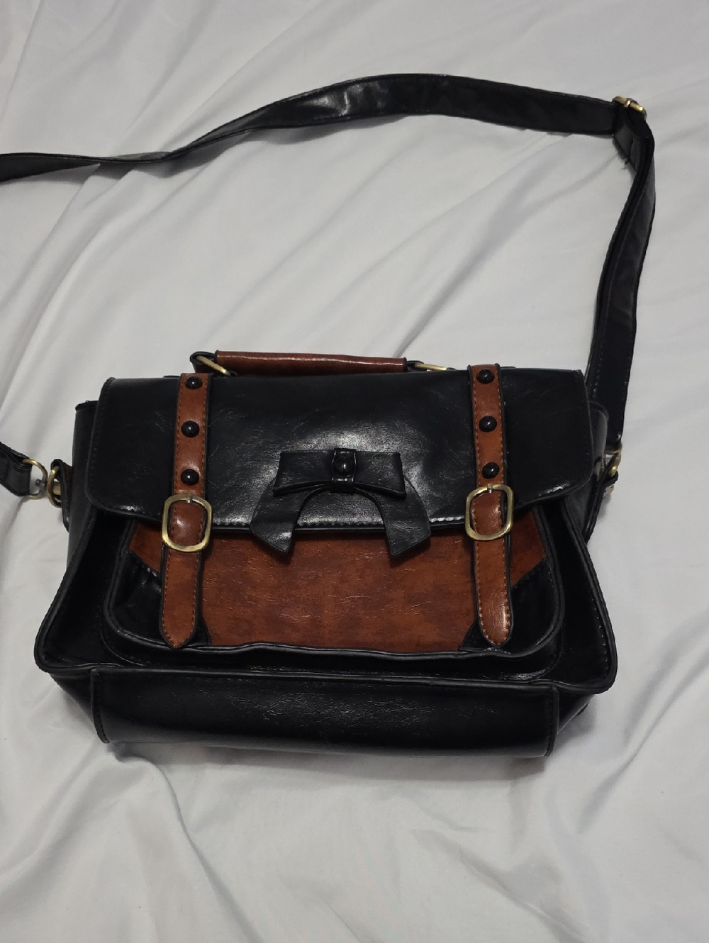 Black and Brown Leather Crossbody Satchel With Bow
